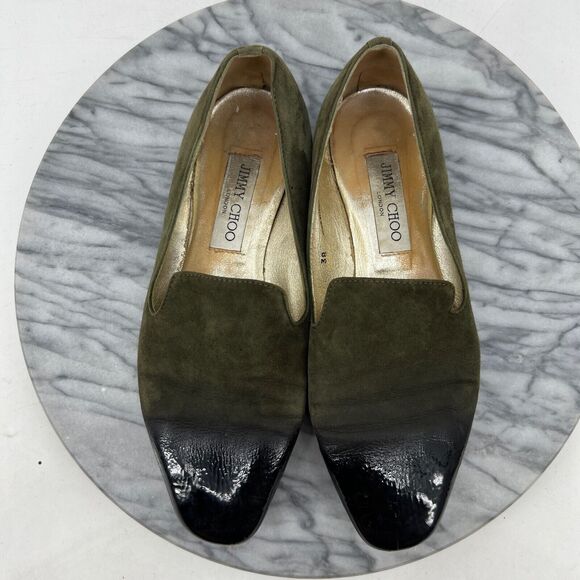Jimmy Choo Womens 38 Loafer Moss Green Suede Slip On Patent Leather Cap Toe - Picture 9 of 14